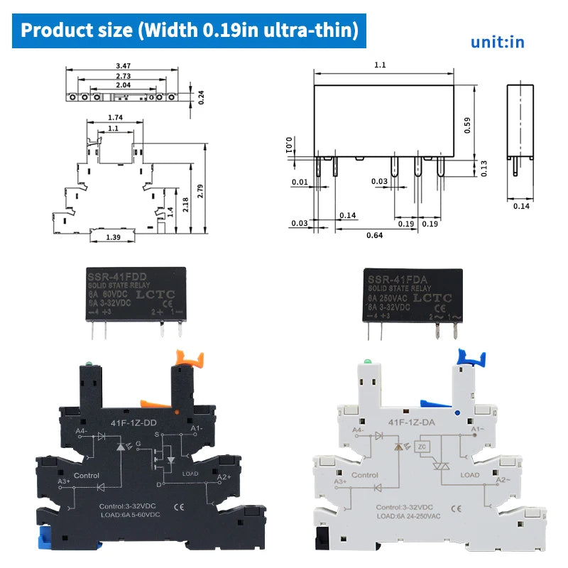 LCTC 1PCS SSR Solid State Relay DIN Rail Slim Relay Module SSR-41FDD SSR-41FDA DC To AC DC To DC 6A Non-contact Relay With LED