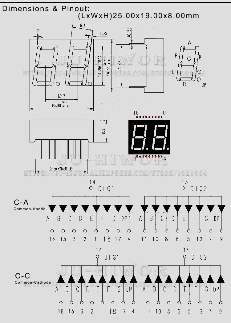 10pcs 18Pins 5261AB 5261BB 0.56 Inch 2 Digit Bits 7 Segment Blue LED Digital Display Digitron Common Anode Cathode C-A C-C