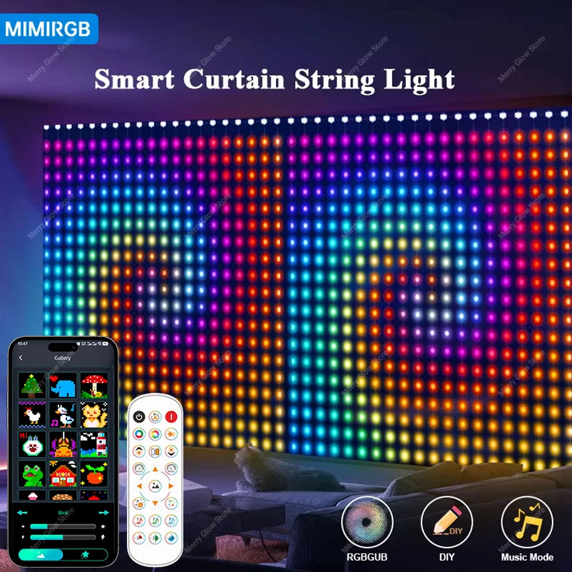 Smart Curtain Lights Bluetooth App LED String RGB Fairy Lights DIY Picture Music Change Display Christmas Halloween Decoration