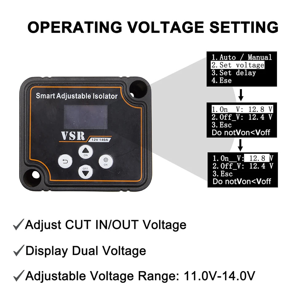 12V 140A Adjustable Dual Battery Isolator LCD Display Voltage Sensitive Split Charge Relay Voltage Setting VSR for Camper Car RV