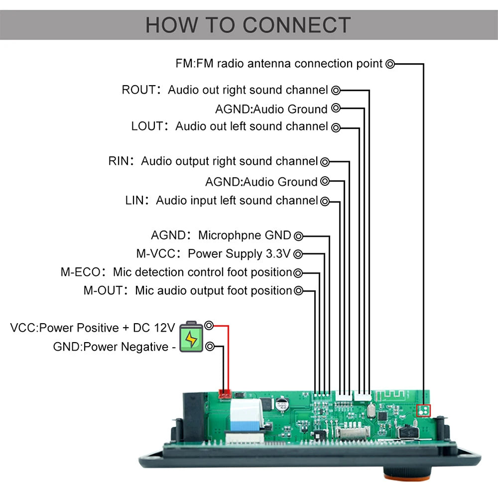 DC12V MP3 WMA WAV Decoder Board Bluetooth 5.3 Handsfree Car Audio Microphone USB TF FM DIY Music Player