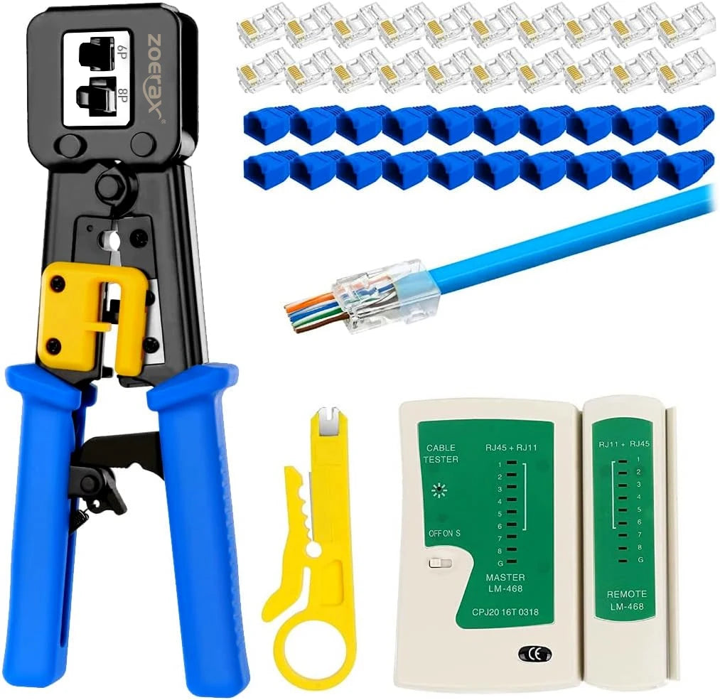 ZoeRax RJ45 Cat6/5e/5 Crimp Tool Kit with 20PCS Cat6 pass through Connectors and Covers, Wire Punch Down Cutter,Cable Tester