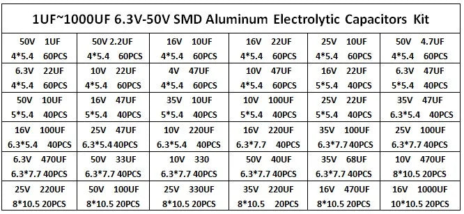 400/1500Pcs/Lot 1UF~1000UF 6.3V-50V 24/36 Value SMD Aluminum Electrolytic Capacitors Assortment Kit + Box