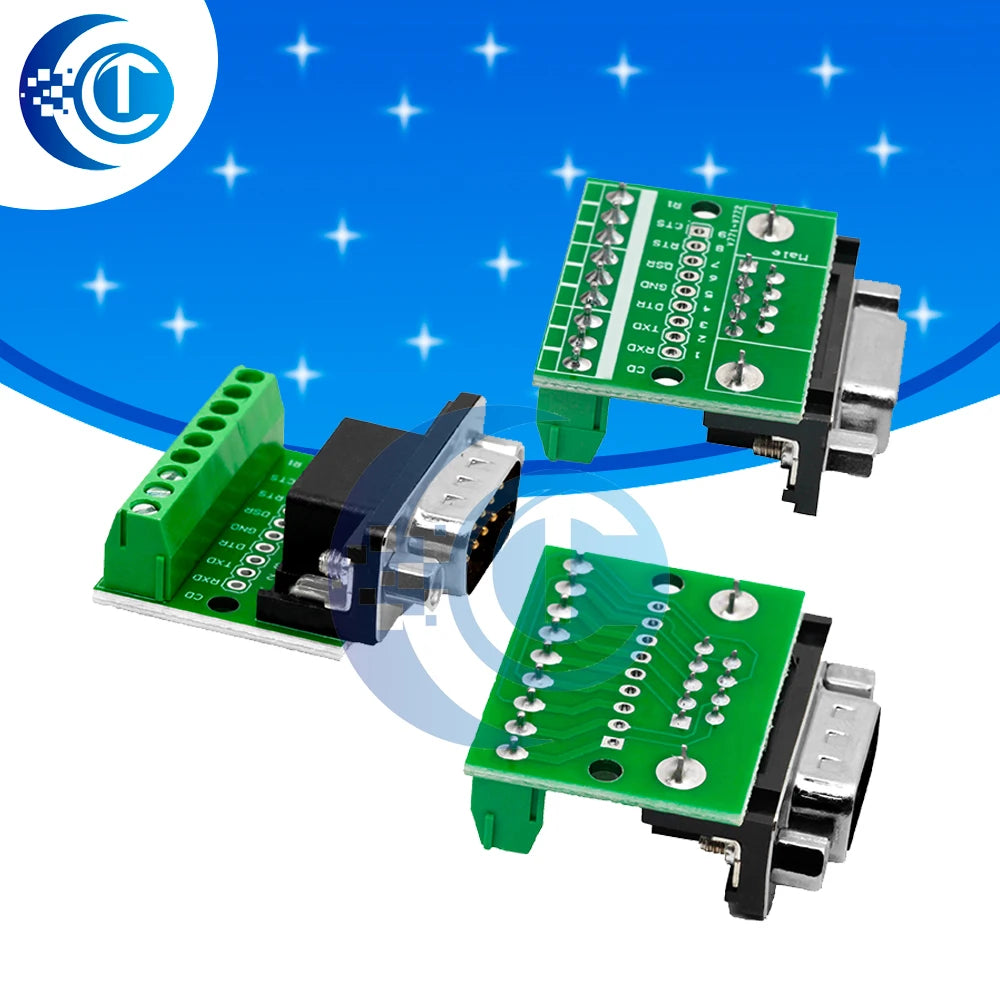 DB9 RS232 Serial Breakout Board: 9-Pin Solderless Connectors (Female & Male) – Terminal Adapter