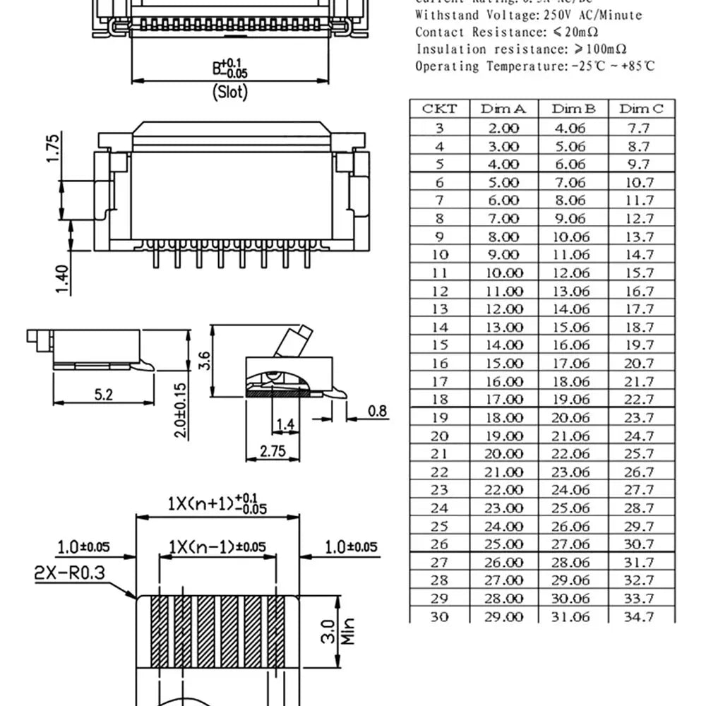10pcs 4P 5P 6P 8P 10P 12P 14P 16P 20P 22P 24P 30P 34P 0.5mm/1mm Pitch Under Clamshell Socket FPC FFC Flat Cable Connector