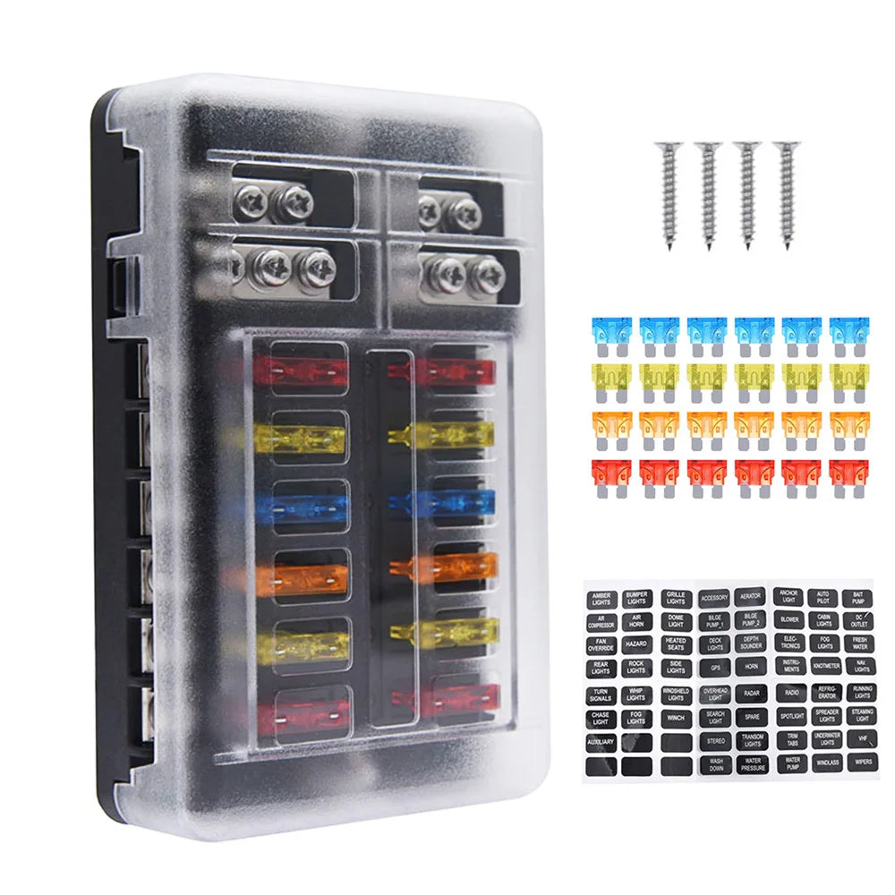 12 Way Fuse Box Holder With Blade Fuse Holder Block & Warning Indicator Car Boat Blade Fuse Box 12V 24V