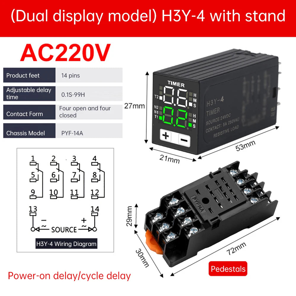 H3Y-4 AC 220V DC 12V DC 24V Time Relay Cycle Time Control Delayer power on delay device Digital Display With Base Power Supply
