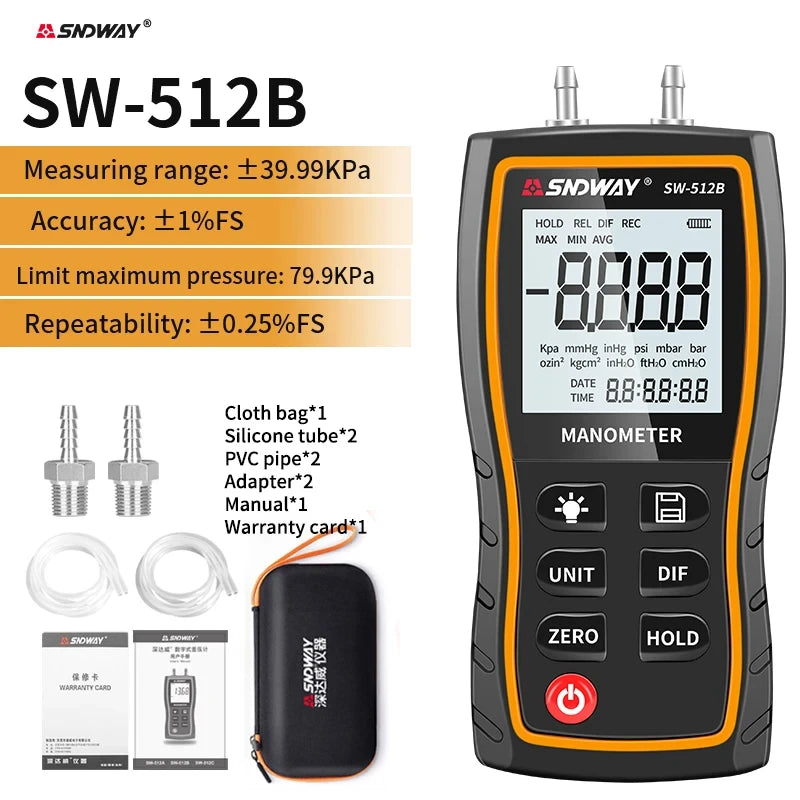 SNDWAY SW-512 Digital Pressure Gauge Differential Gas Pressure Gauge Measuring Instruments, Barometric Gauges/SW-512B/SW-512C