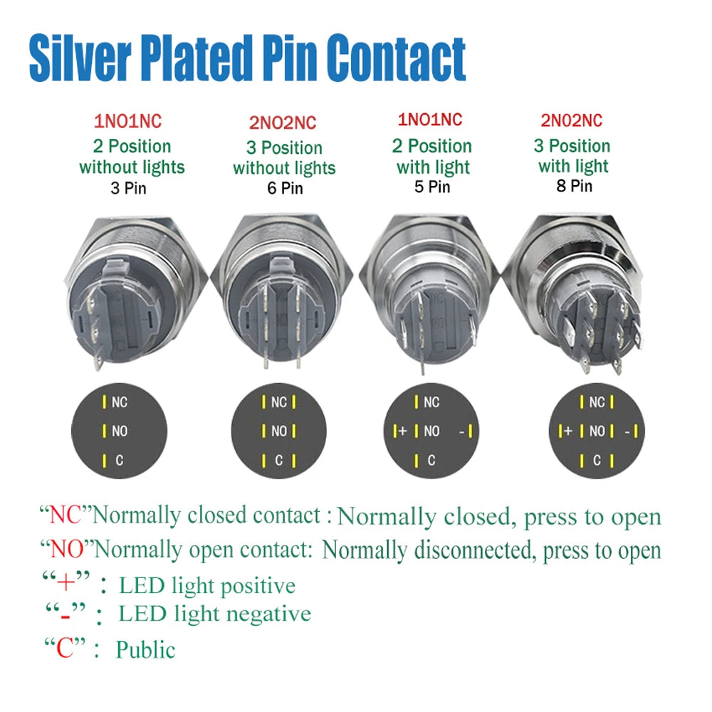 16MM 19MM 22MM Self-return Self-locking Waterproof DPDT Illuminated Metal Selector Knob Rotary Switch 2 3 Position LED Lamp Red