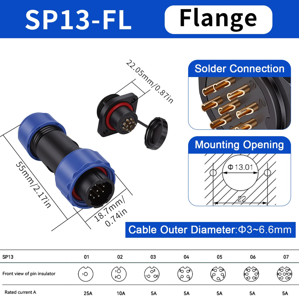 SP13 Connector Waterproof IP68 2pin 3pin 4pin 5pin 6pin 7pin Docking Male Plug Female Socket Cable Plug and Socket Connectors