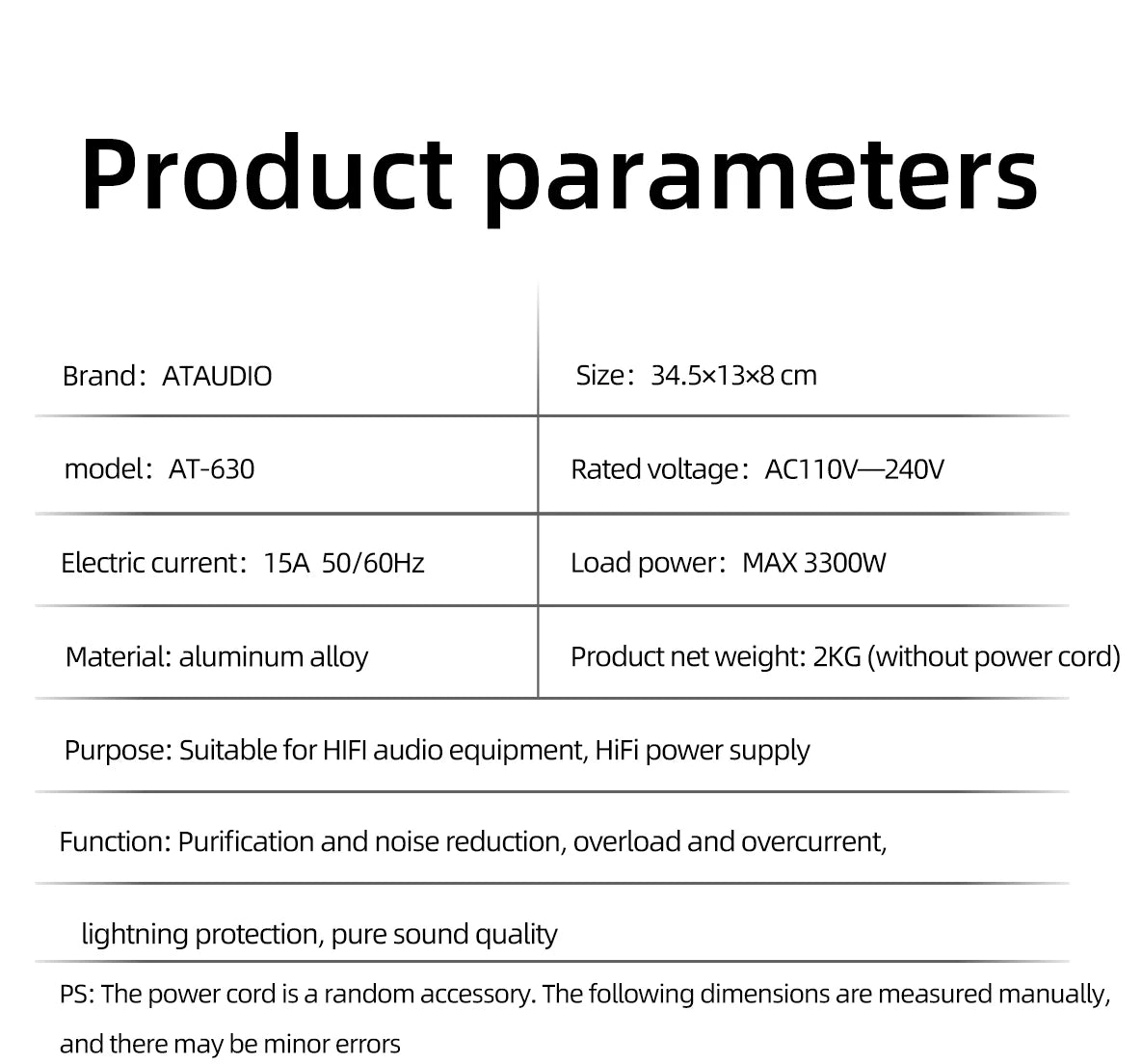 ATAUDIO HIFI Audio Noise AC Power Filter Power Conditioner Power Purifier Surge Protection with US Outlets Power Strip