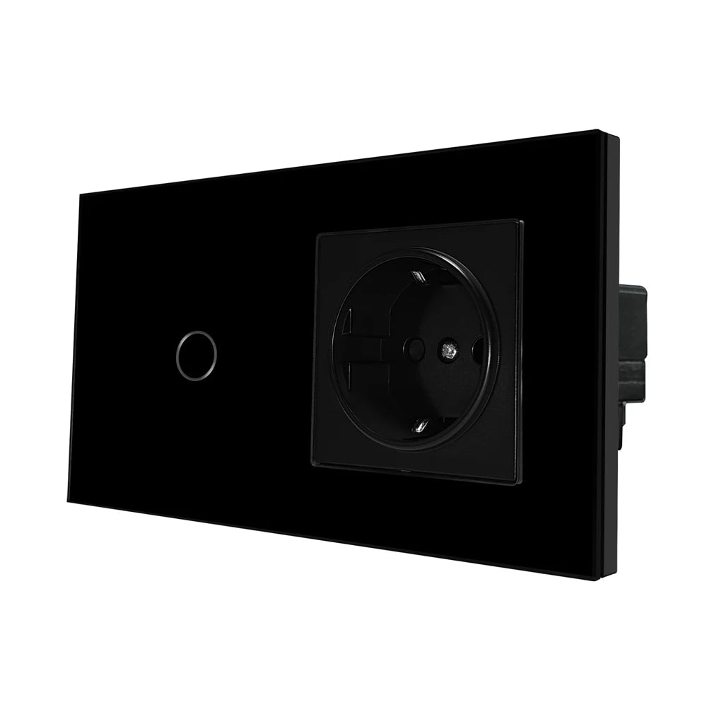 Touch Light Switch With EU Socket 1 Gang 2 Way Wall Light Switch LED Sensor Tempered Glass Interrupter EU Standard 240V