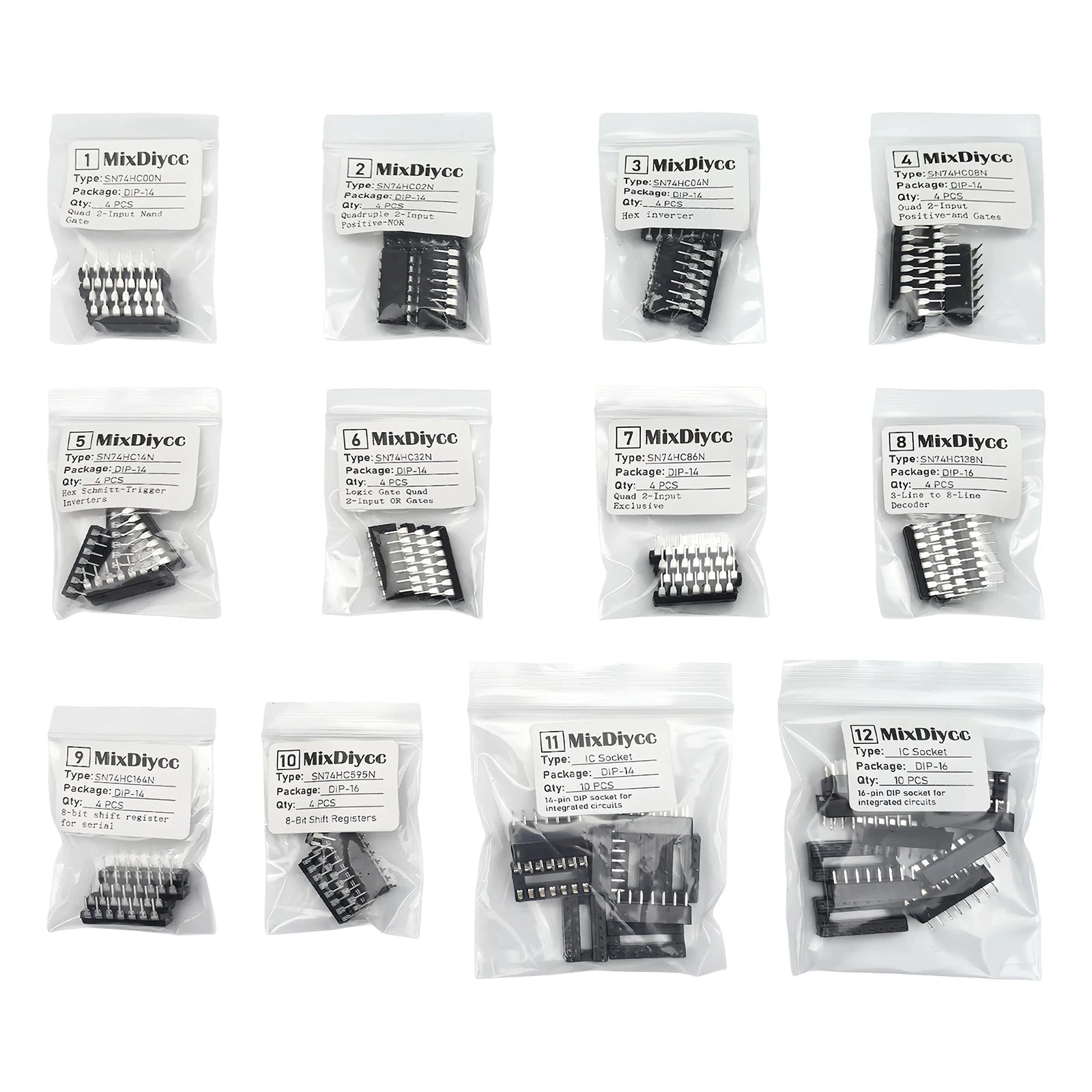 12 Values DIP kit SN74HC00N SN74HC04N SN74HC08N SN74HC14N SN74HC32N SN74HC86N SN74HC138N SN74HC164N SN74HC595N IC Socket 60 Pcs