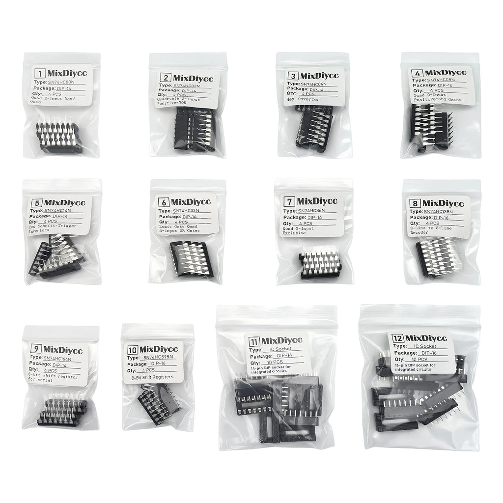 12 Values DIP kit SN74HC00N SN74HC04N SN74HC08N SN74HC14N SN74HC32N SN74HC86N SN74HC138N SN74HC164N SN74HC595N IC Socket 60 Pcs