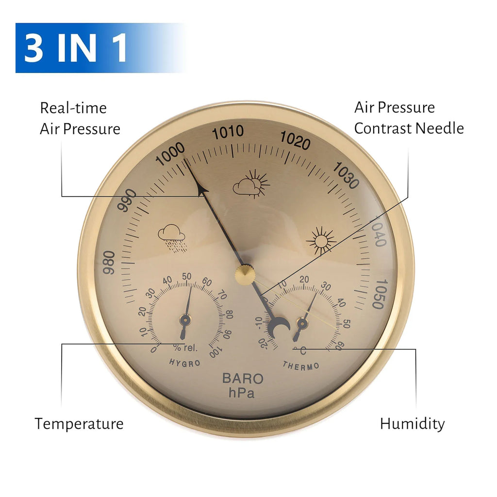 Metal 3 in 1 Barometer for Indoor and Outdoor Use Barometer Thermometer Hygrometer Household Weather Station with Round Frame