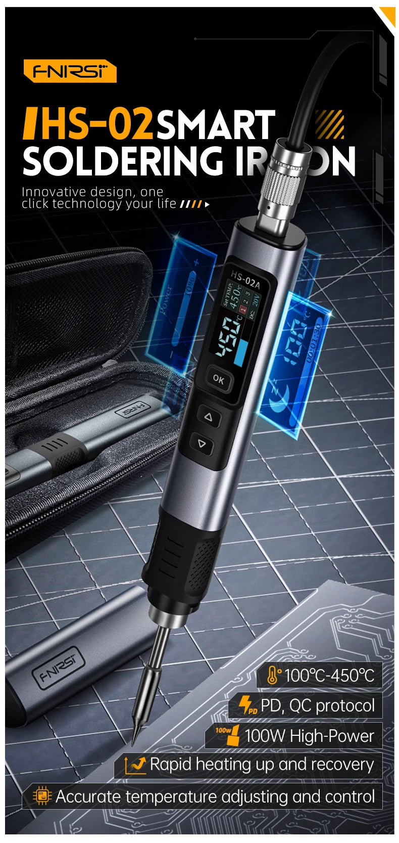 FNIRSI HS-02 Adjustable Temperature Soldering Iron DC 20V 100-450℃ Welding Solder Rework Station PD 100W Portable Repair Tool