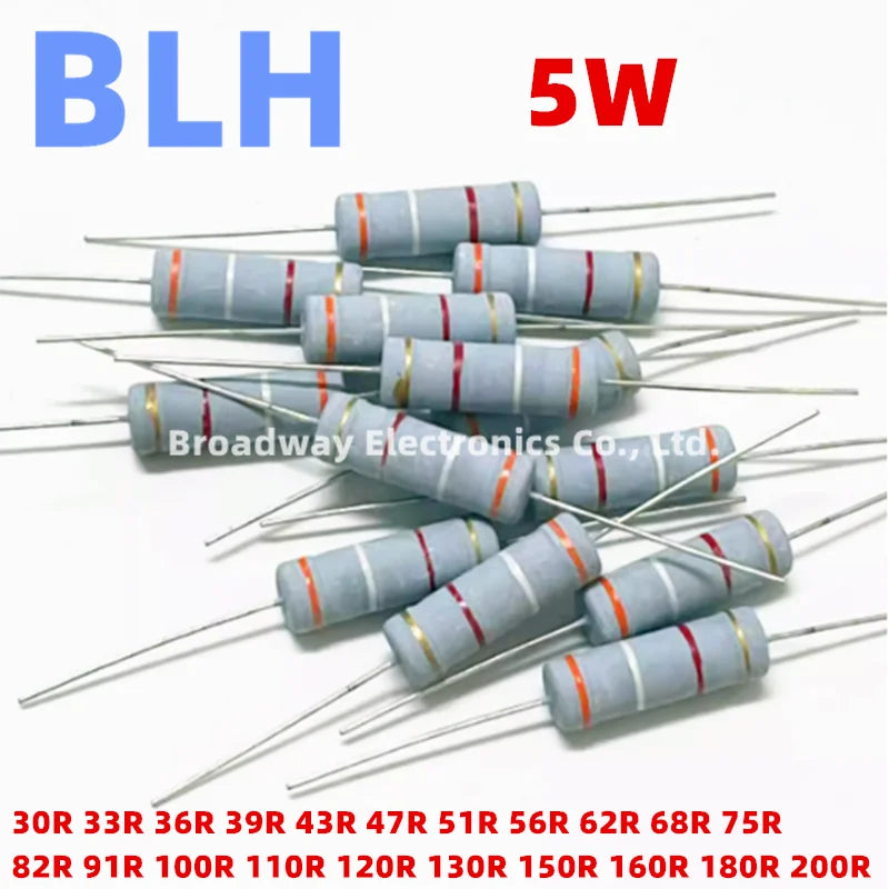 10PCS 5W Carbon Film Resistor 5% 30R 33R 36R 39R 43R 47R 51R 56R 62R 68R 75R 82R 91R 100R 110R 120R 130R 150R 160R 180R 200R Ohm