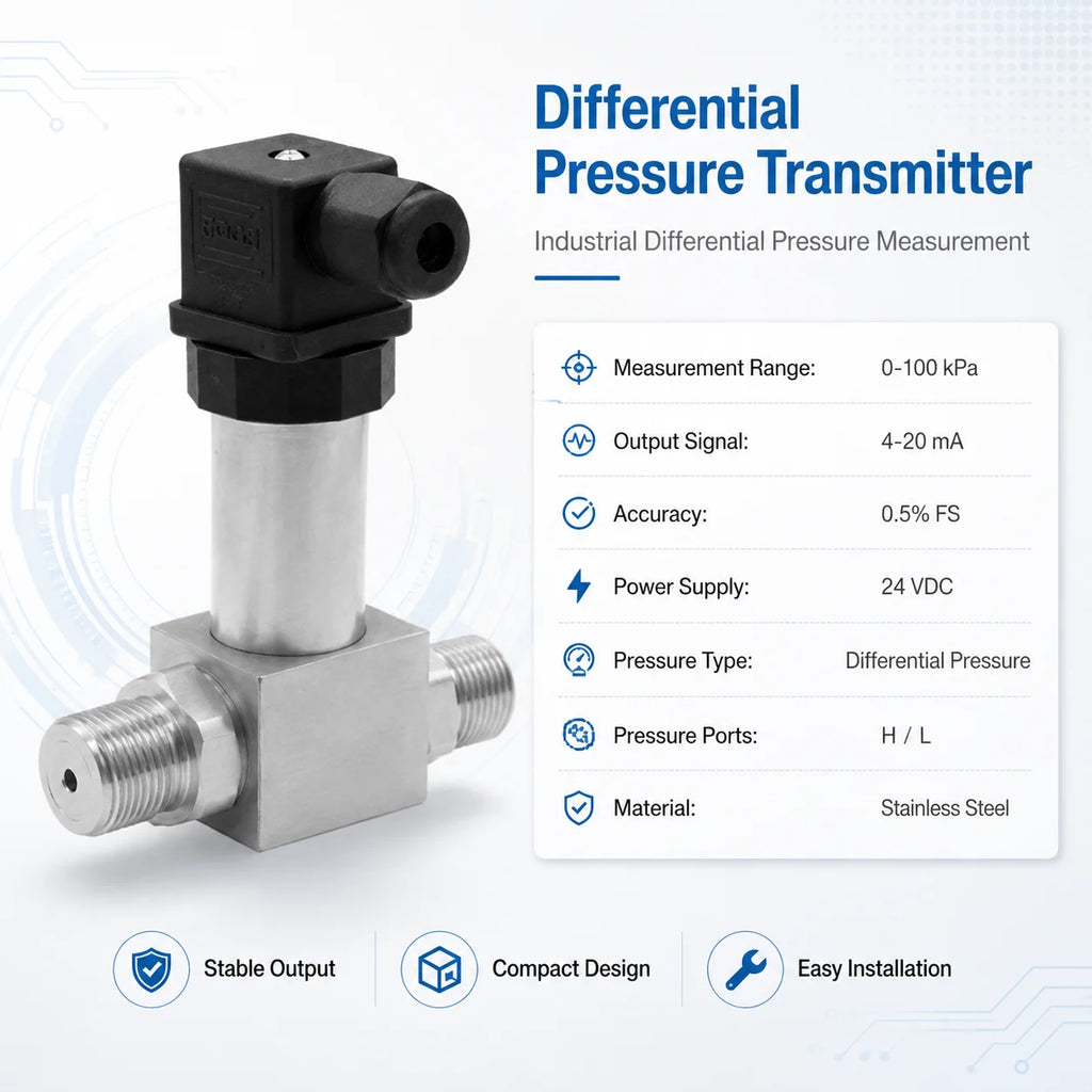 Industrial Differential Pressure Sensor 0-100kPa 4-20mA Stainless Steel Transmitter for Air Gas Water