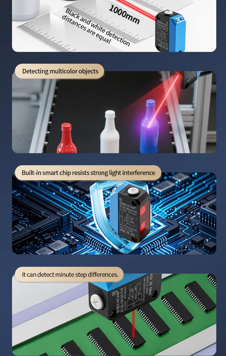 ZHICAN ZC3E Long Range Photoelectric Sensor 2m Diffuse Reflective Switch NPN NO 24V DC Object Detection