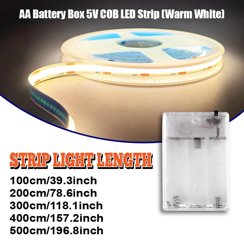 1 Roll of Cob Spotless Led Light Strip with Battery Box (Battery Not Included), Low Voltage 5V, Battery Box Powered (Battery Not Included), White Light/Warm Light/Neutral Light, Suitable for Space-Themed Decoration, Ca
