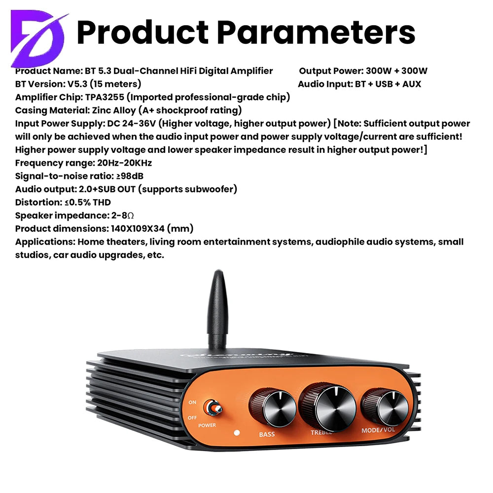 DC 24-36V YS-KL5 BT 5.3 Dual Channel HiFi Digital Amplifier 300W+300W Dual Channel Amplifier Board TPA3255 Chip