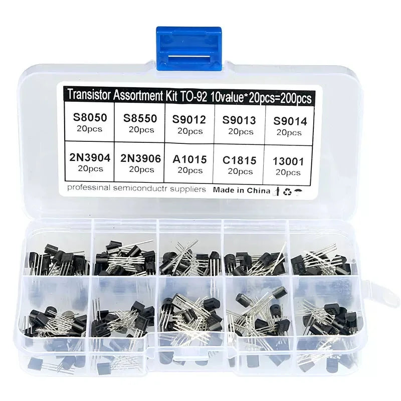10Value 200PCS Transistor Assortment Kit S8050 S8550 2N2222 2N2907 BC337 BC327 BC517 BC556 2N3904 2N3906 A1015 C1815 Wit Box
