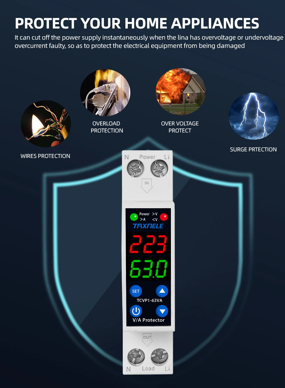 18MM 1P+N 63A 230V Dual Display Adjustable Digital Over Under Voltage Relay Surge Protector Limit Over Current Protection