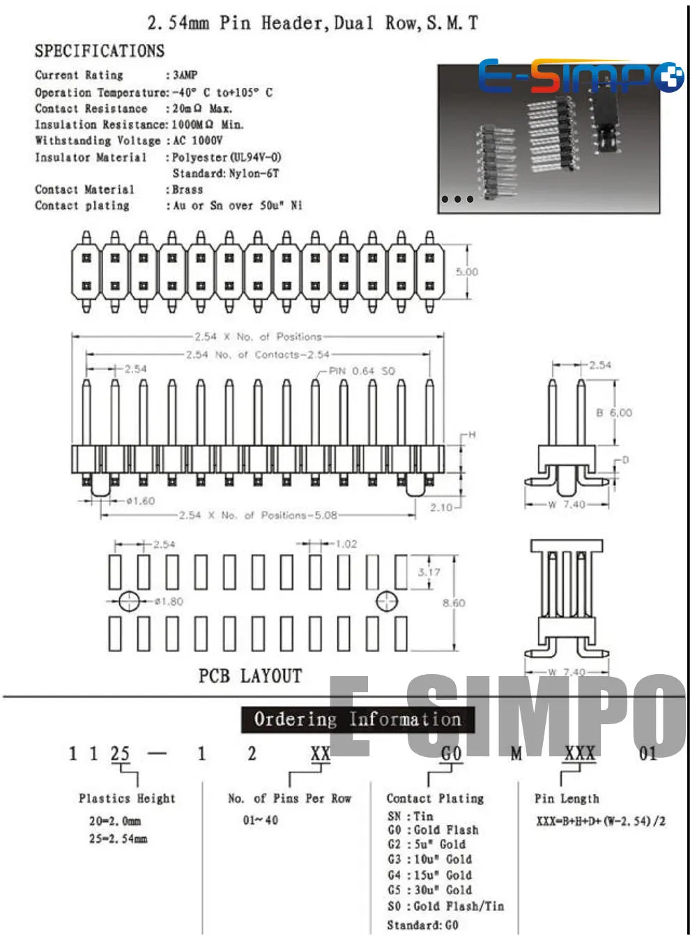 10pcs 2.54mm SMD SMT Double Row 2*3/4/5/6/7/8/10/12/15/20/40P Rohs Gold-plated Vertical PCB Surface Mount Male Pin Header Strip