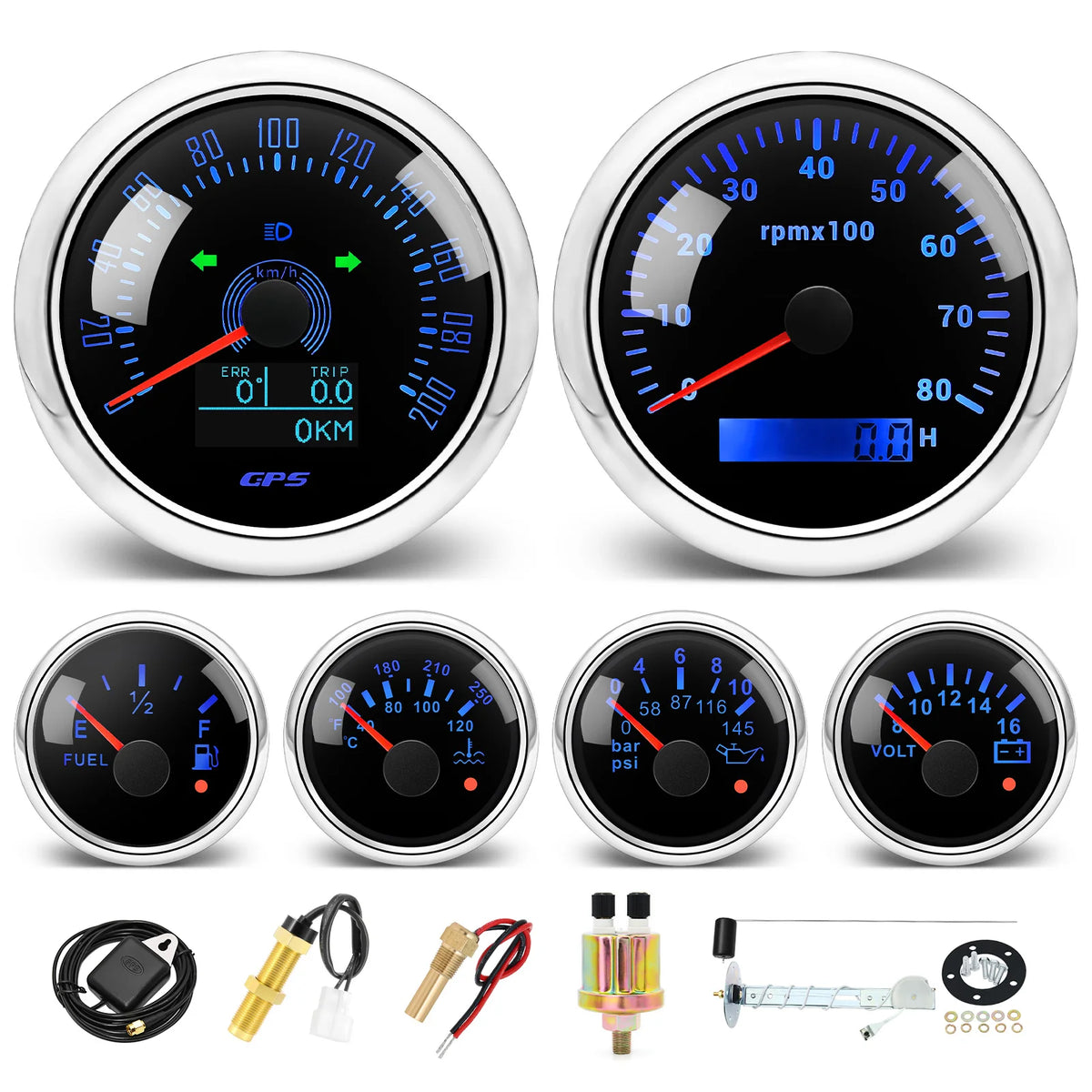 6 Gauge Set 85mm GPS Speedometer Tachometer 52mm Water Temp Fuel Voltmeter Oil Pressure Meter With 1/8 NPT Sensor For Boat Car