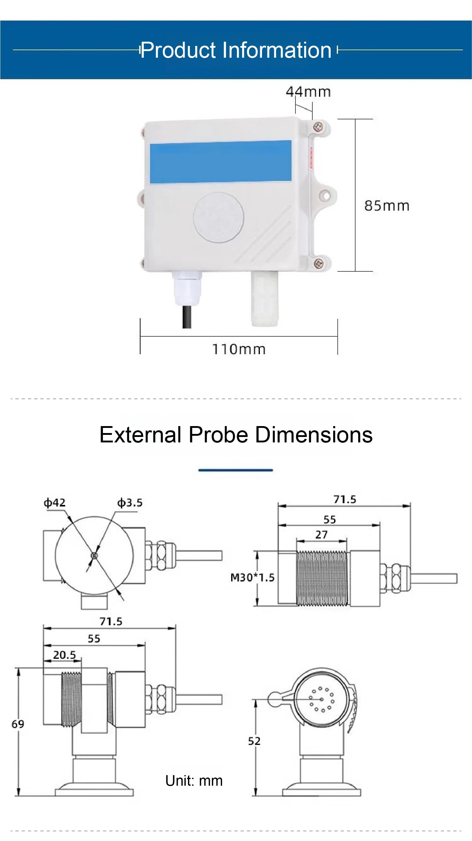 QT-10 CO2 Transmitter NDIR Carbon Dioxide Sensor RS485 4-20mA 0-5V 0-10V 10-30VDC IP65 for Greenhouse HVAC Factory