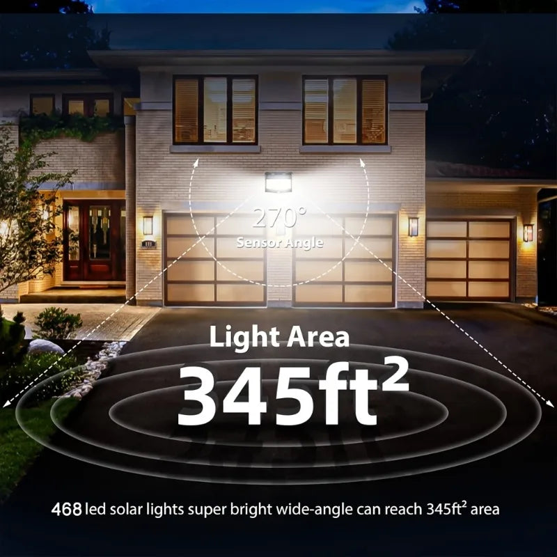 468 LED Outdoor Solar Lights with Motion Sensor 3 Lighting Modes Waterproof Solar Wall Lights for Courtyard Garage Fence Patio
