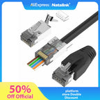 Natalink CAT6A CAT7 RJ45 Connector Pass Through Shielded 3-Prong Gold Plated Modular Network Plug with Strain Relief Boots Black