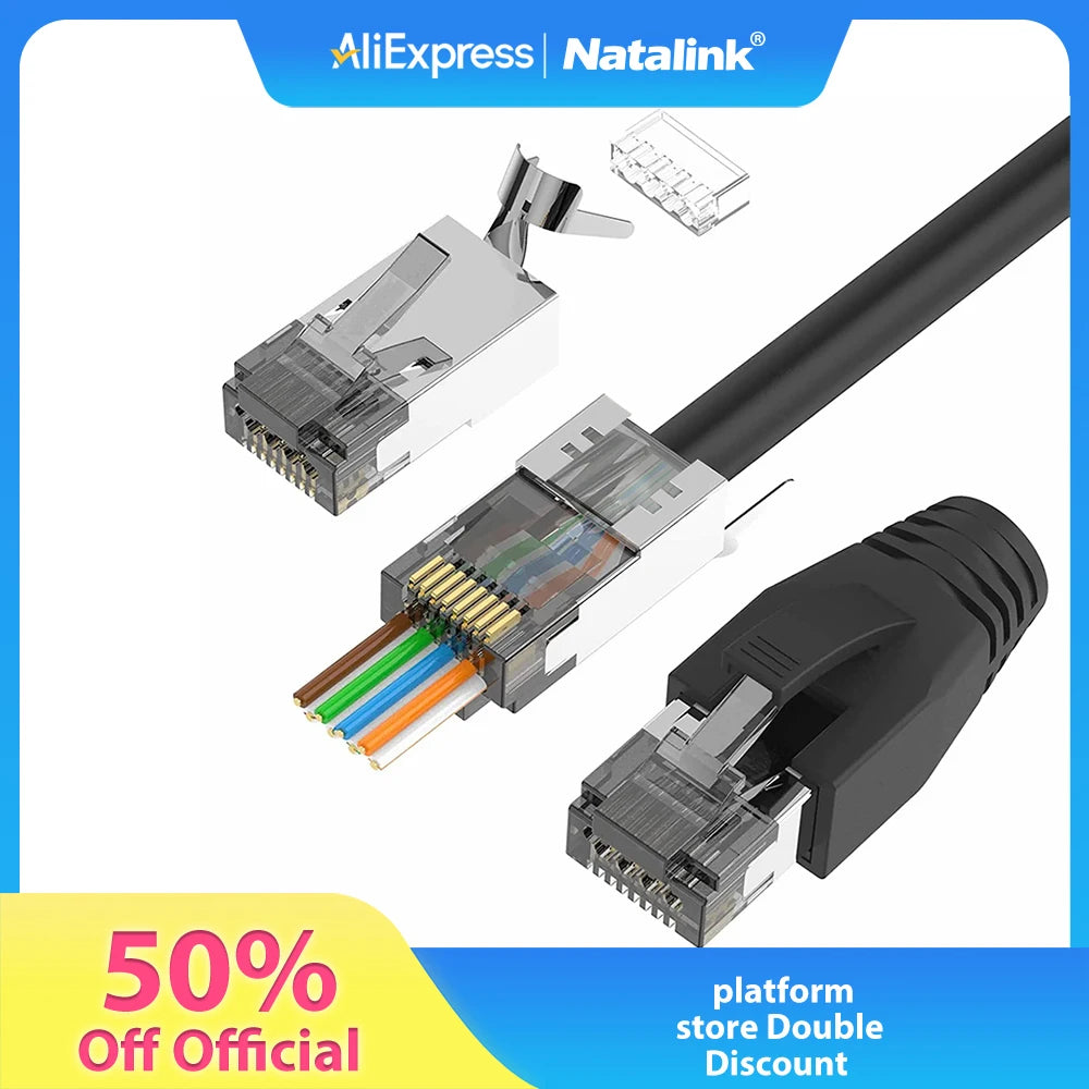 Natalink CAT6A CAT7 RJ45 Connector Pass Through Shielded 3-Prong Gold Plated Modular Network Plug with Strain Relief Boots Black