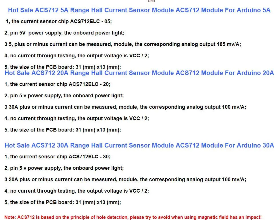 ACS712 5A 20A 30A Range Hall Current Sensor Module For Arduino ACS712-30A ACS712-20A ACS712-5A