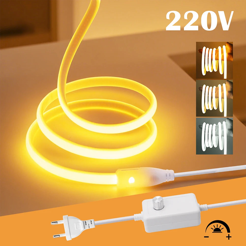 220V Dimmable COB LED Neon Strip Light With Switch/Dimmer EU Power Kit 288Led/M Waterproof 3000K 4000K 6000K Flexible Lamp Decor
