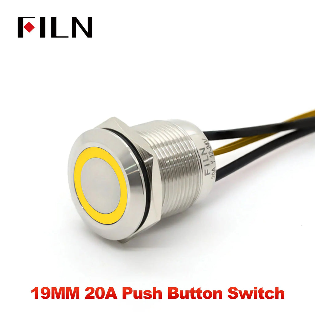 FILN 19MM 20A 12V 24V 110V 220V LATCHING MOMENTARY Flat Ring Round Push Button Switch IP66 Metal Stainless Steel  with 20cm Wire