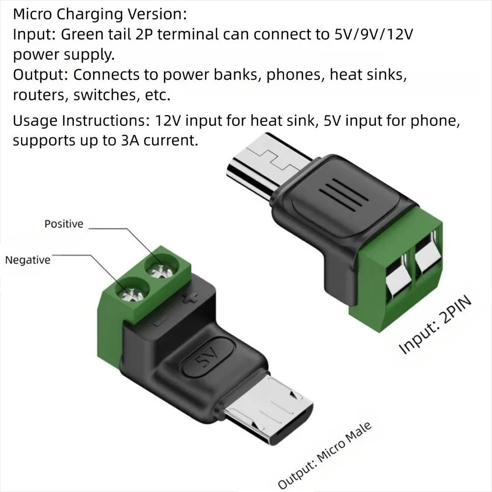 Solderless Plug USB C to 2Pin Terminal Adapter Screw Micro Type-C Male to 2 Pin Crimp Terminal Block 5V Charging Conversion