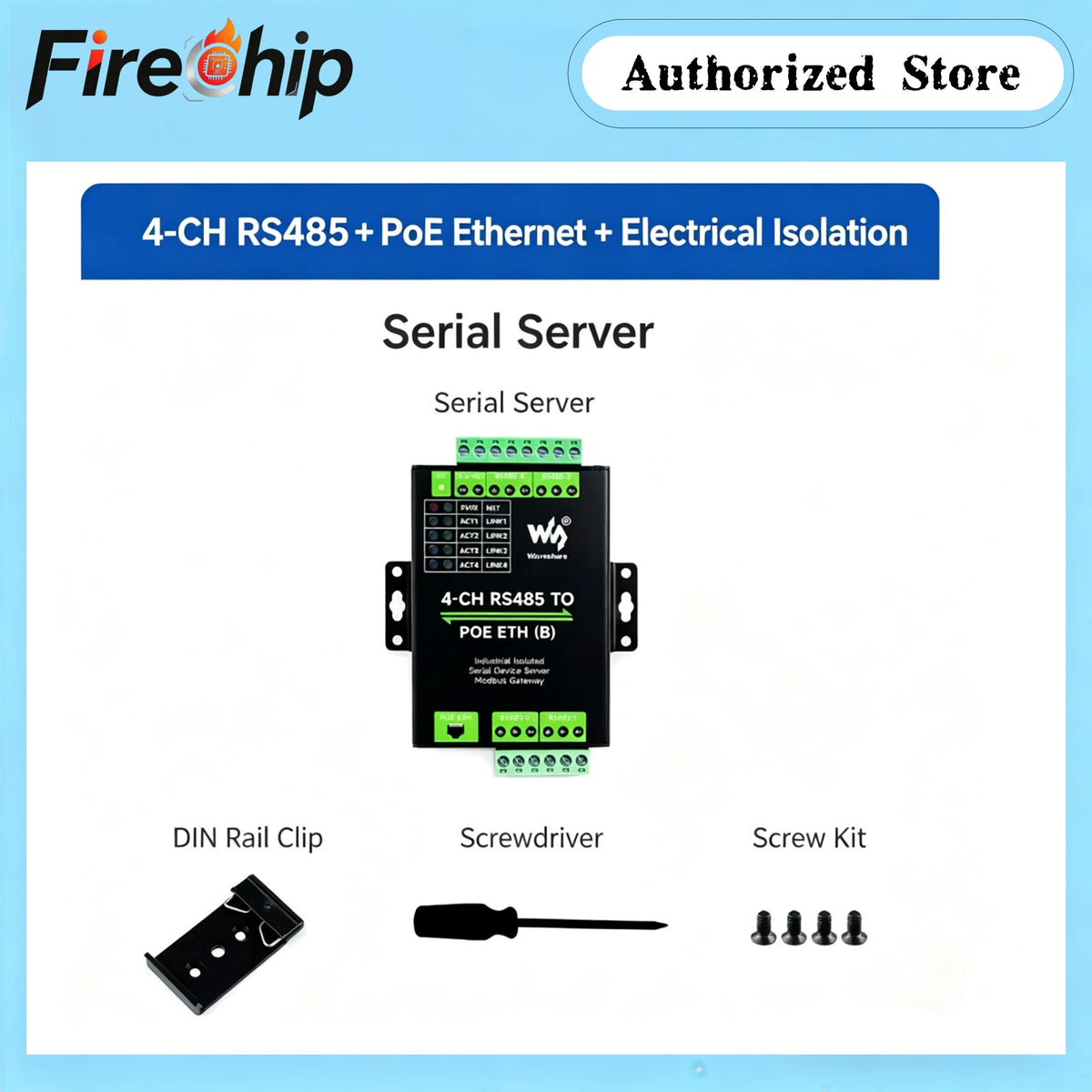 Waveshare 4 Channels RS485 Independent Operation, 4-Ch RS485 To RJ45 Ethernet Serial Server Optional PoE Function