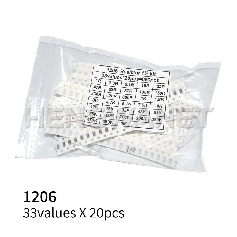 660pcs=33valuesX 20pcs 1% 100% Brand New and High Quality 1206 0603 0402 0805 0201 SMD Resistor Sample Assorted Kit