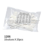 660pcs=33valuesX 20pcs 1% 100% Brand New and High Quality 1206 0603 0402 0805 0201 SMD Resistor Sample Assorted Kit
