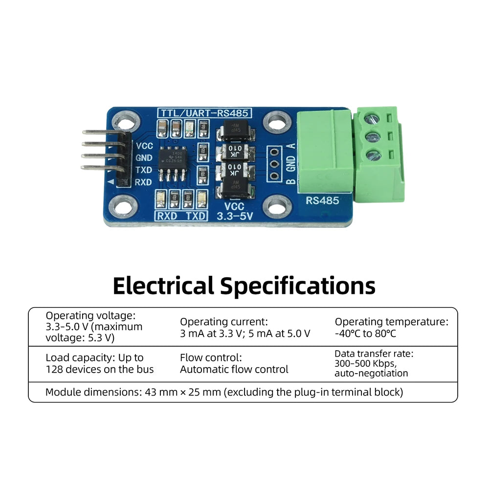 DC 3.3V-5V TTL to RS485 Module UART Level Converter Automatic Flow Control for MCU Serial Communication