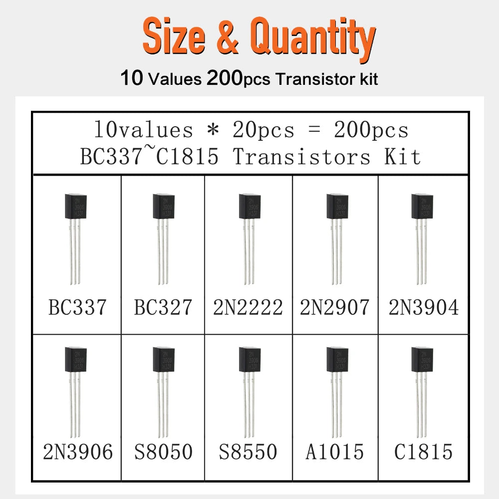 100/200PCS Triode Transistor Set BC337 BC327 2N2222 2N2907 2N3904 2N3906 S8050 S8550 A1015 C1815 TO92 PNP NPN Transistors kit