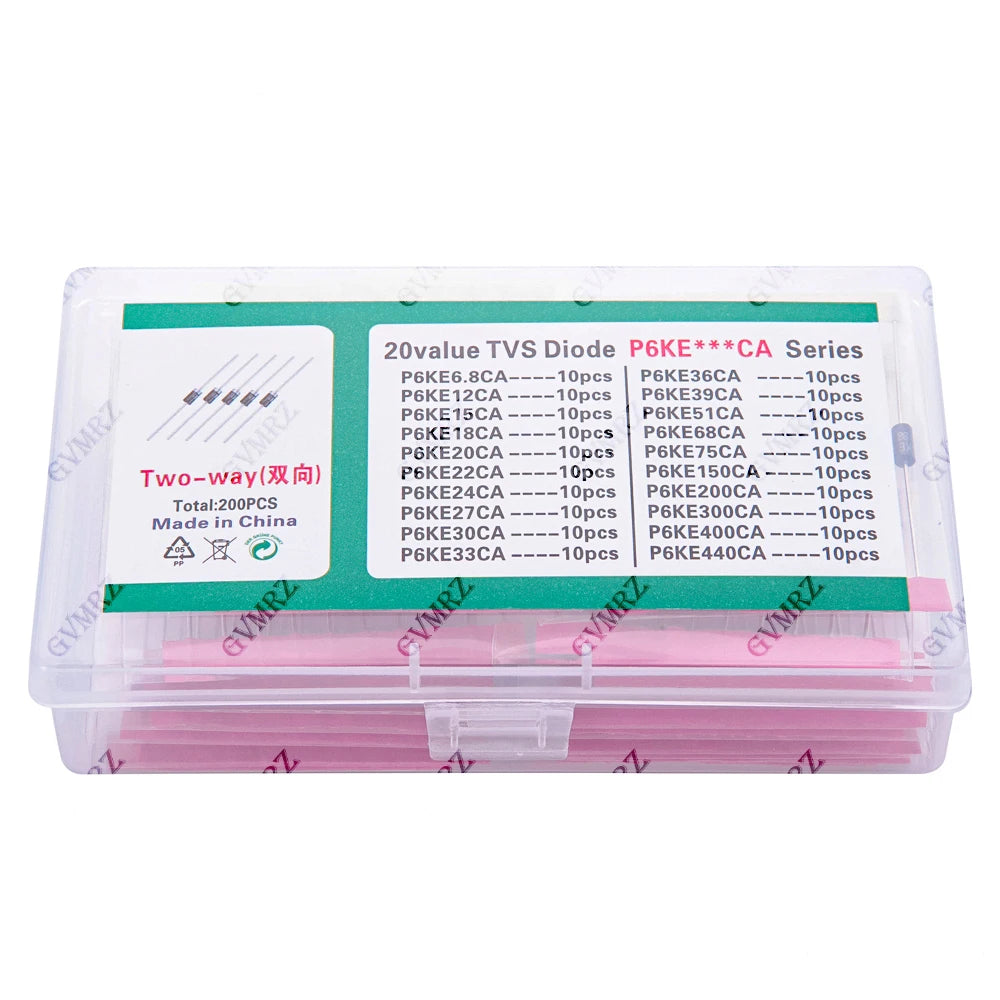 200pcs 20values*10pcs TVS Transistor Kit P6KE6.8CA 12/15/18/20/22/24/27/30/33/36/39/51/68/75CA TVS Diode