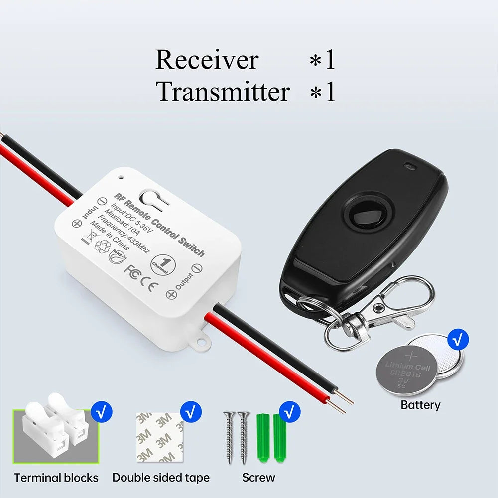 433Mhz Wireless Remote Control Switch DC 6V 12V 24V 30V 36V 10A Mini RF Relay Receiver,50m Transmitter for Pumps Light LED Fan