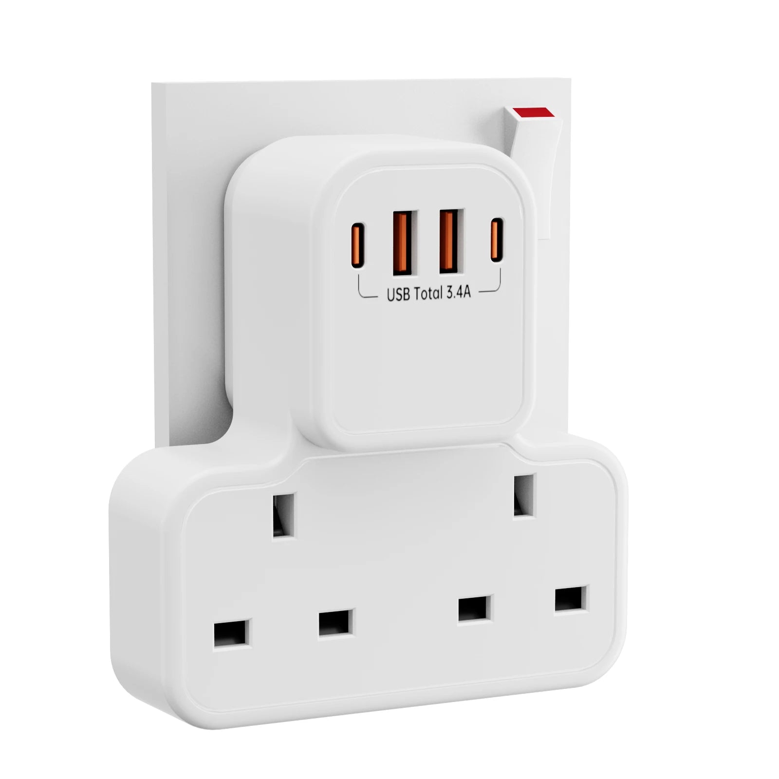 3250W Uk Ac Plug Power Strip Electrical Wall Mounted Outlet Multitap Network Filter with 2 Usb-A 2 Usb-C Charging Adapters