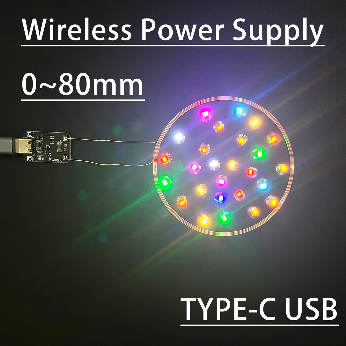 0~80mm Induction Wireless Power Supply Transmitter Coil Module TYPE-C USB DC 5V + 5pcs Receiver Led Lamp