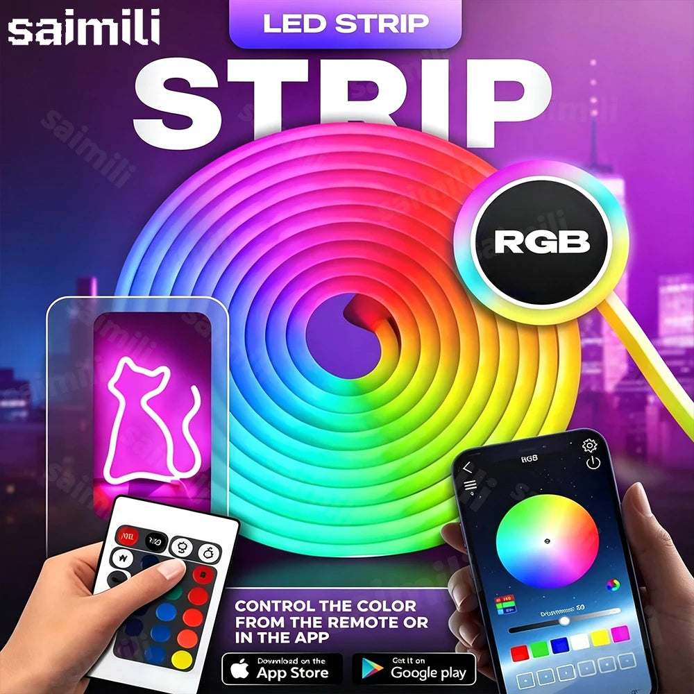 RGB LED Neon Rope Lights Bluetooth App WS2812 RGBIC Waterproof Flexible LED Tape With Dimmable Remote Controller For Wall Decor