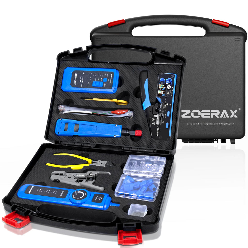 ZoeRax 9 in 1 RJ45 Crimper Tool Kit with Wire Tester/Tracker,Crimping Tool,CAT6 Connector,Cover,Punch Down Tool,Stripper,Cutter
