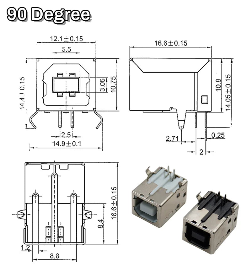 5pcs Square USB-B Type Female Socket 90/180 Degrees 4Pin Right Angle PCB Welding Connector For USB D-type Printer Interface