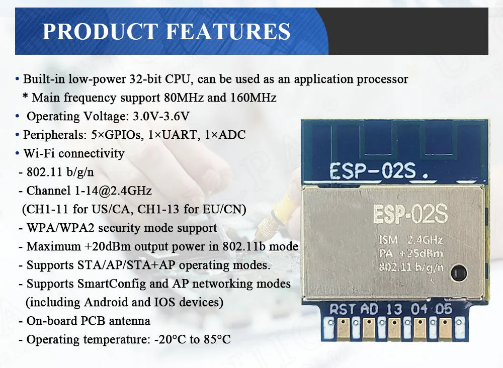 ESP-02S Serial Wireless 2.4G Wifi Module Transceiver for Smart Home Industrial IoT 1Mbit Compatible ESP8266 ESP 02S